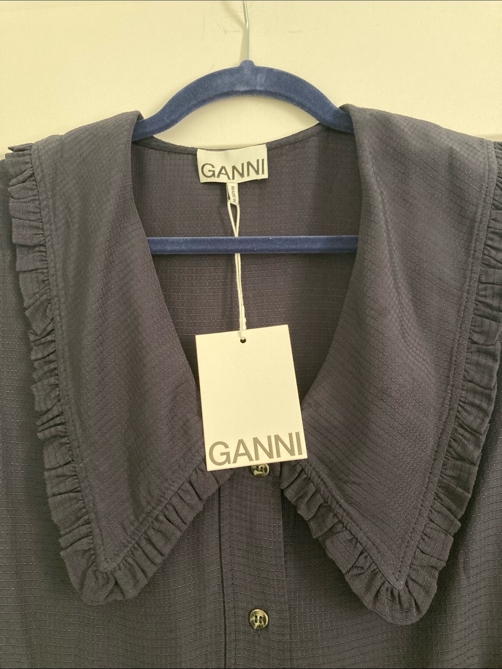 Ganni Ripstop Navy Button-Front Dress with Ruffle Collar - Picture 3 of 12